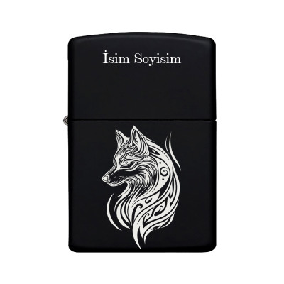 Kurt Desenli Kişiye Özel İsimli Benzinli Siyah Metal Çakmak Z93