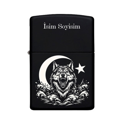 Kurt Ayyıldız Desenli Kişiye Özel İsimli Benzinli Siyah Metal Çakmak