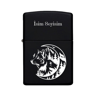 Kurt Orman Desenli Kişiye Özel İsimli Benzinli Siyah Metal Çakmak