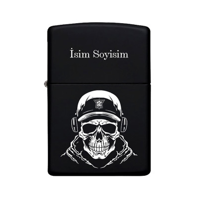 Kuru Kafa Desenli Kişiye Özel İsimli Benzinli Siyah Metal Çakmak