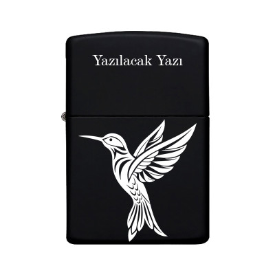 Kuş Desenli Kişiye Özel İsimli Benzinli Siyah Metal Çakmak