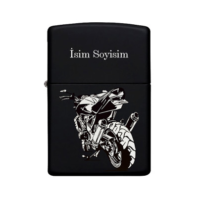 Motor Desenli Kişiye Özel İsimli Benzinli Siyah Metal Çakmak
