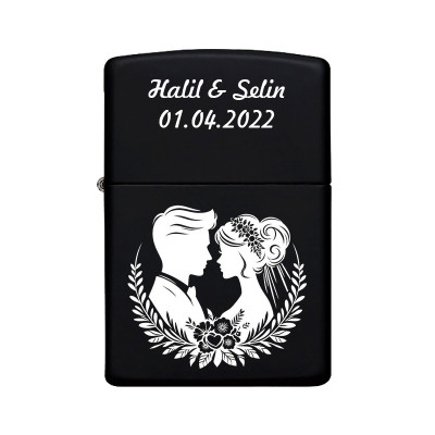 Sevgililer Gelin Damat Desenli Kişiye Özel İsimli Benzinli Siyah Metal Çakmak
