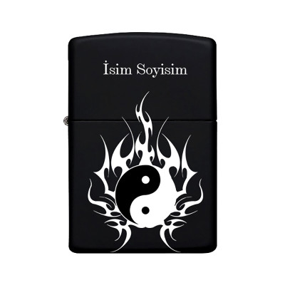 Ying Yang Desenli Kişiye Özel İsimli Benzinli Siyah Metal Çakmak